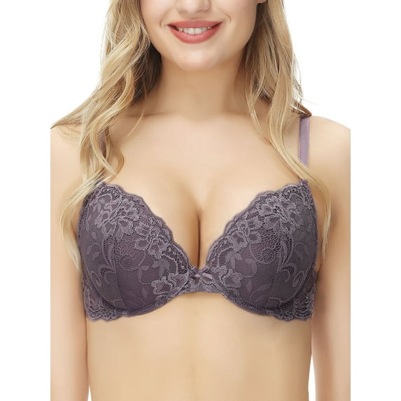 Deyllo Women's Lace Push Up Padded Plunge Add Cups Underwire Lift Up Bra, Purple 32C