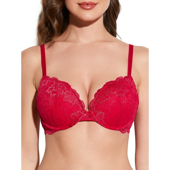 Deyllo Women's Lace Push Up Padded Plunge Add Cups Underwire Lift Up Bra, Red 34B