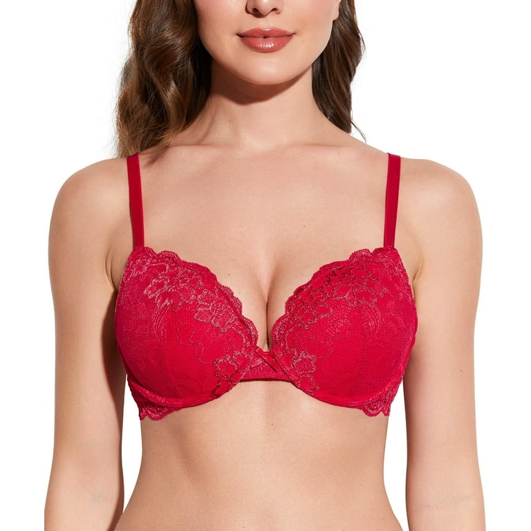 Deyllo Women's Sexy Lace Push Up Padded Plunge Add Cups Underwire Lift Up  Bra, Red 34C 