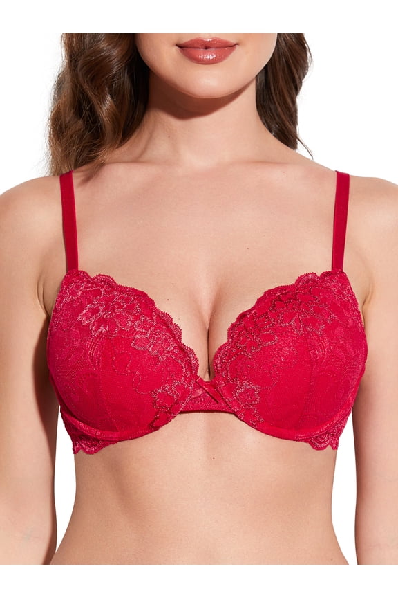 Women's Lace Push Up Padded Plunge Add Cups Underwire Lift Up Bra, Red 36A