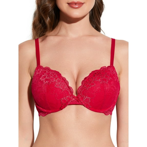 Deyllo Women's Lace Push Up Padded Plunge Add Cups Underwire Lift Up Bra, Red 36DDD