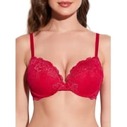 Deyllo Womens Lace Push Up Padded Plunge Add Cups Underwire Lift Up Bra, Red 38C