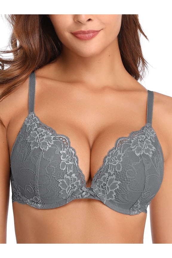 Women's Lace Push Up Padded Plunge Add Cups Underwire Lift Up Bra, Unique Gray 36C