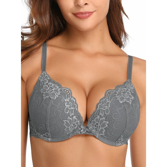 Deyllo Women's Lace Push Up Padded Plunge Add Cups Underwire Lift Up Bra, Unique Gray 38C