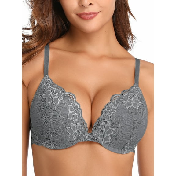 Deyllo Women's Lace Push Up Padded Plunge Add Cups Underwire Lift Up Bra, Unique Gray 38C