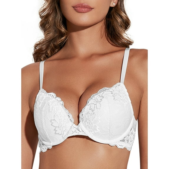 Deyllo Women's Lace Push Up Padded Plunge Add Cups Underwire Lift Up Bra, White 32DDD