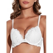 Deyllo Womens Lace Push Up Padded Plunge Add Cups Underwire Lift Up Bra, White 32DD