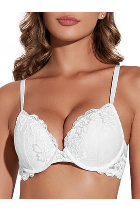 Women's Lace Push Up Padded Plunge Add Cups Underwire Lift Up Bra, White 34DD