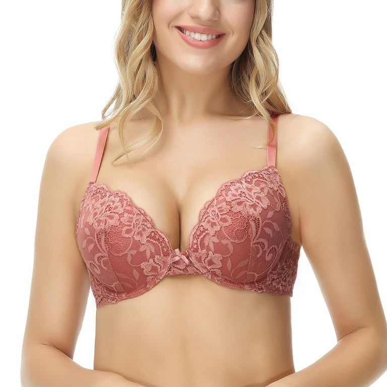 Deyllo Women's Sexy Lace Push Up Padded Plunge Add Cups Underwire Lift Up  Bra, Withered Rose 32DD