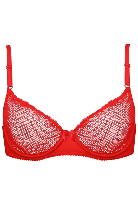 Women's Sexy Lace Unlined See Through Underwire Demi Mesh Bra, Red 36DD