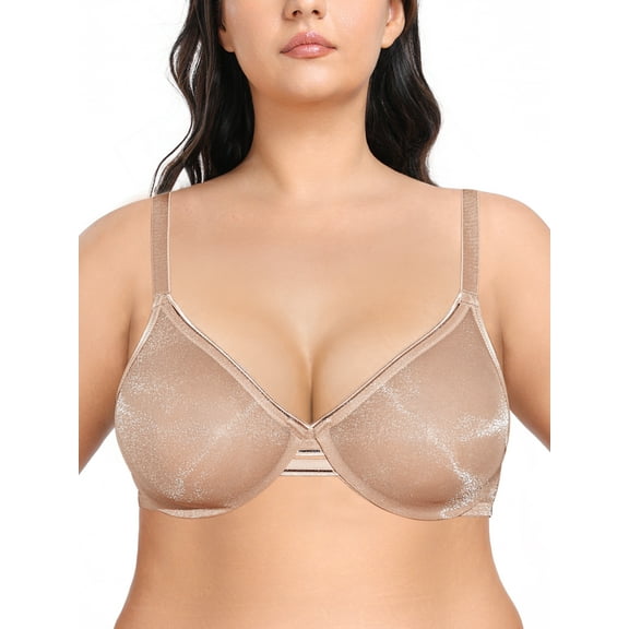 Deyllo Women's Unlined Push Up Lace Bras Plus Size Full Figue Underwire Non-Padded See Through Demi Bralette,Beige 34C
