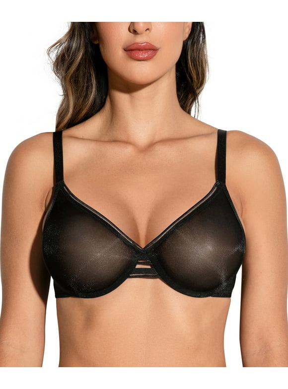 Deyllo Women's Sheer Mesh Unlined Sexy Lace Bra Underwire Non-Padded Push Up See-Through Demi Bralette,Black 36C