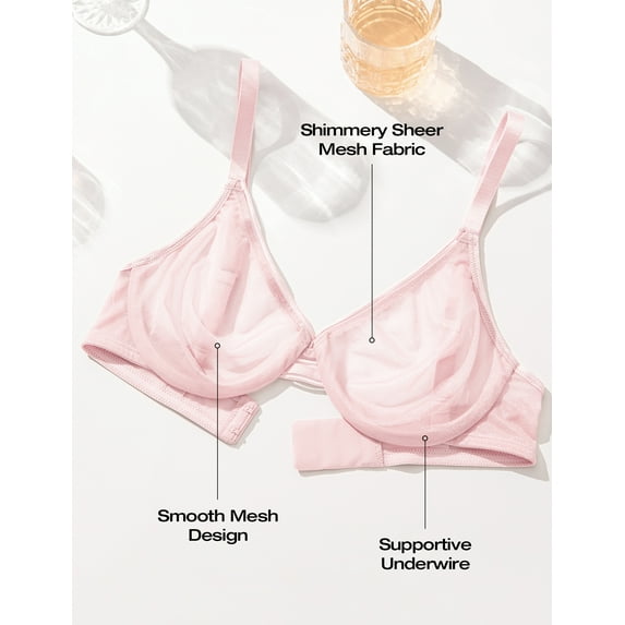 Deyllo Women's Sheer Unlined Sexy Lace Bra Unpadded Underwire See-Through Demi Bralette Lingerie,Pink 32B