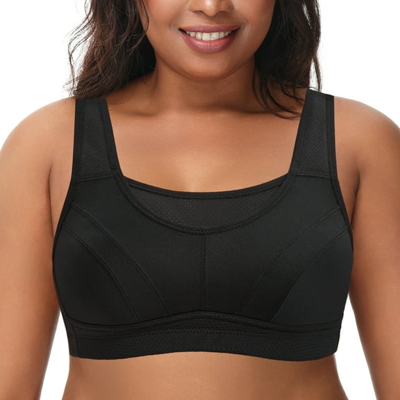 Deyllo Women's Plus Size Sports Bra, High Impact Full Support, Non-Padded Wireless Workout Running Bra, Black, 36DDD