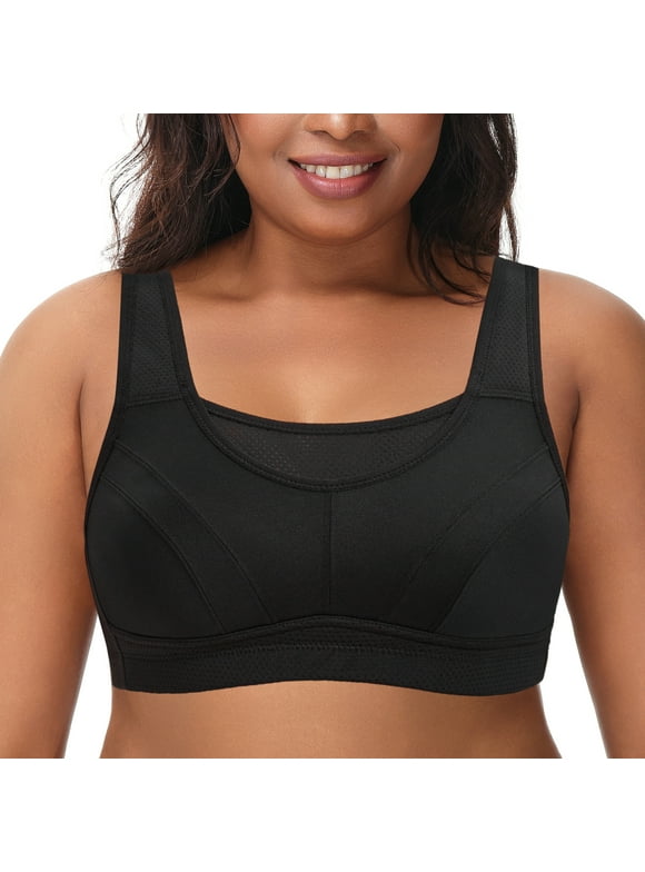 Women's Plus Size Sports Bra, High Impact Full Support, Non-Padded Wireless Workout Running Bra, Black, 36DDD