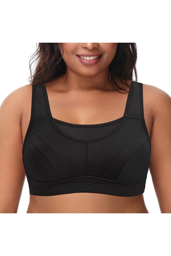 Women's Compression Sports Bra, Sweat Wicking, Wireless, Non-Padded, Full Support, Plus Size, Black, 38DDD