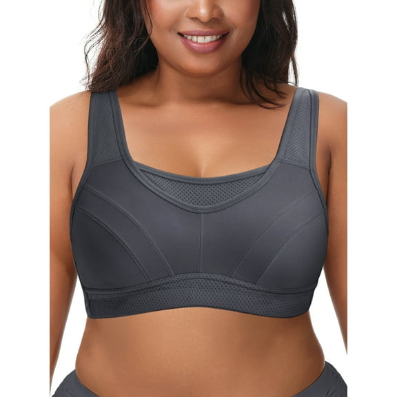 Deyllo Women's Sports Bras Plus Size High Impact Full Support Non-padded Wireless Workout Running Exercise Bra Activewear, Gray 36DDD