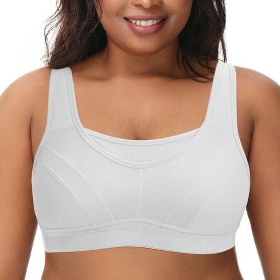 Deyllo Women's Wireless Sports Bra, Moisture-wicking Non-padded Full Support, White, Plus Size 42DD