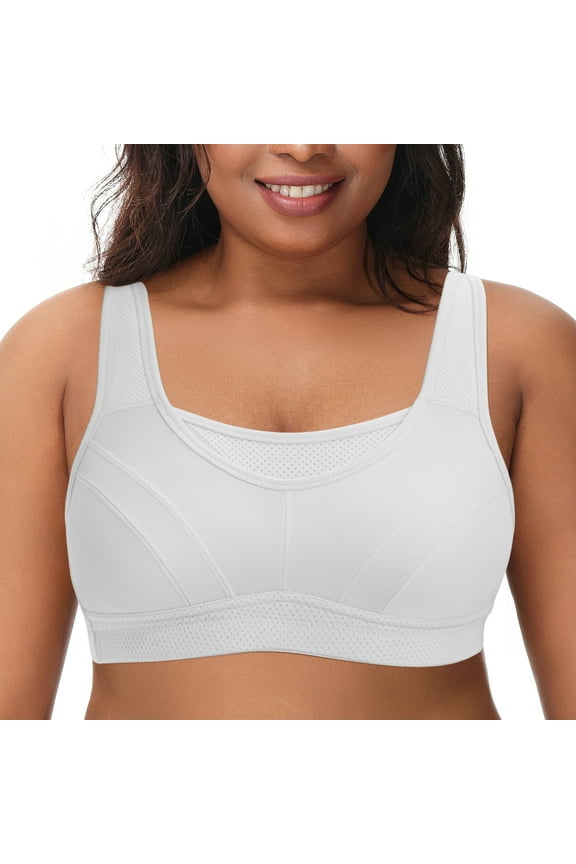 Women's Sports Bras Plus Size High Impact Full Support Non-padded Wireless Workout Running Exercise Bra Activewear, White 44G
