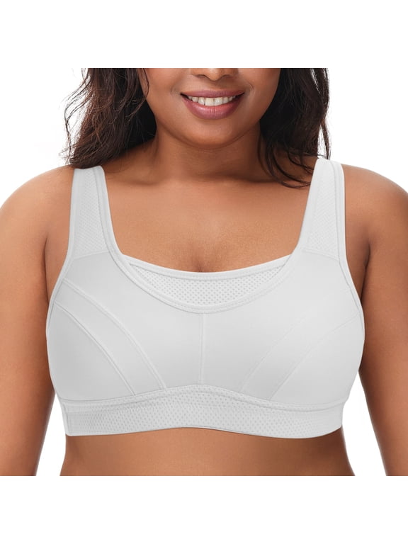 Women's Compression Sports Bra, Sweat-Wicking, Wireless, Non-Padded, High Impact, Plus Size, White, 48DD