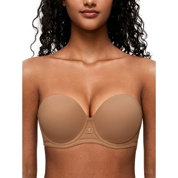 Deyllo Women's Strapless Bra Padded Cup Push Up Plus Size Full Coverage Underwire Support Invisible Bra,Brown 34B
