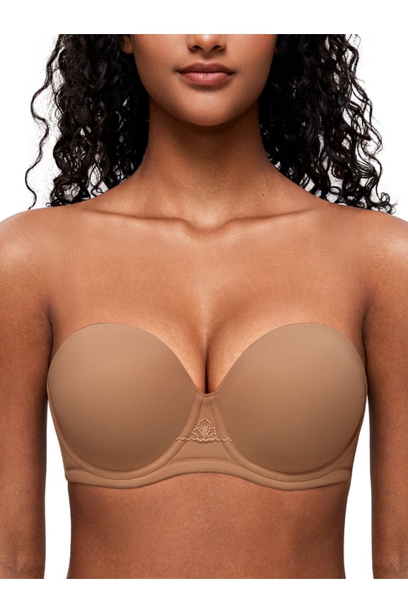 Women's Strapless Push Up Bra Plus Size Padded Full Coverage Underwire Support Invisible Bra,Brown 40DD