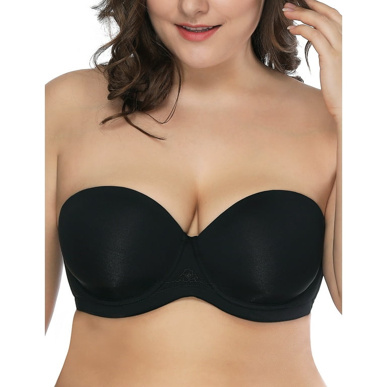 Deyllo Women's Strapless Push Up Full Cup Plus Size Underwire Padded Bra,  Black 32G 