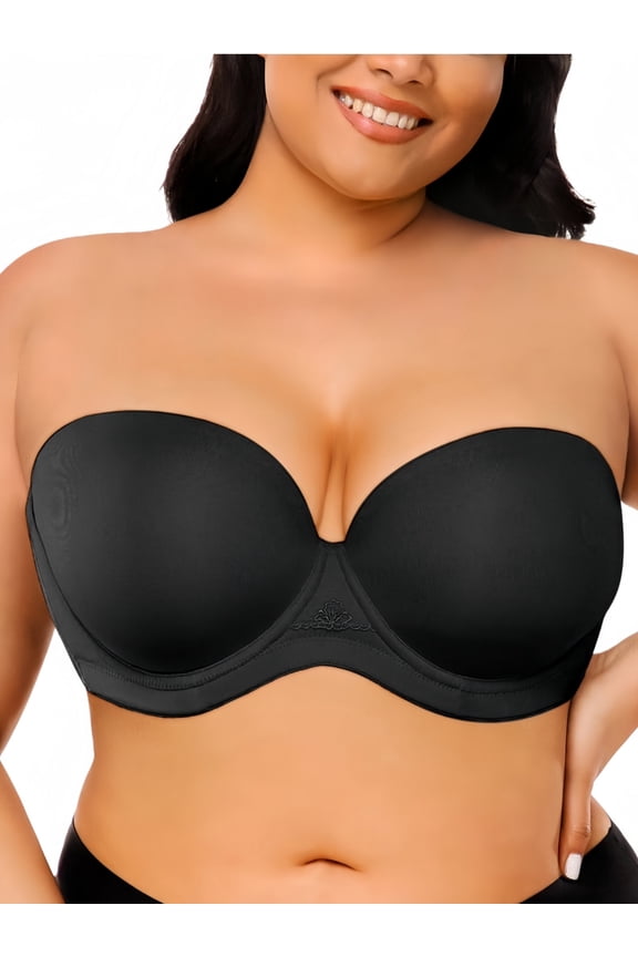 Women's Strapless Push Up Full Cup Plus Size Underwire Padded Bra, Black 38DD