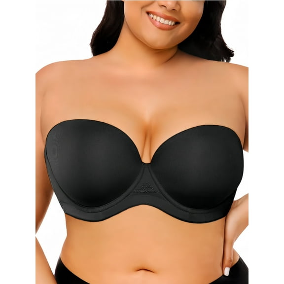 Deyllo Women's Strapless Push Up Full Cup Plus Size Underwire Padded Bra, Black 40DD