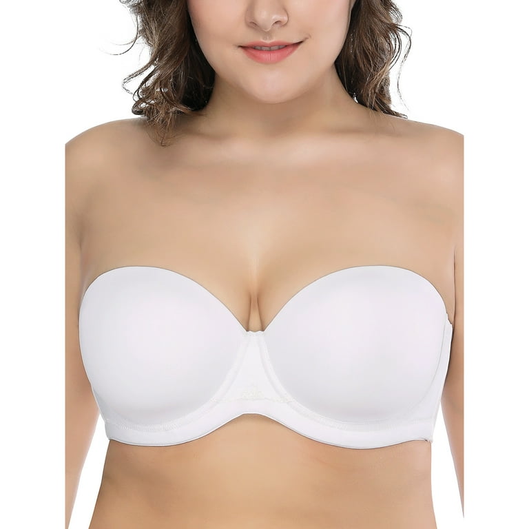 Deyllo Women's Strapless Push Up Full Cup Plus Size Underwire Padded Bra,  White 36A