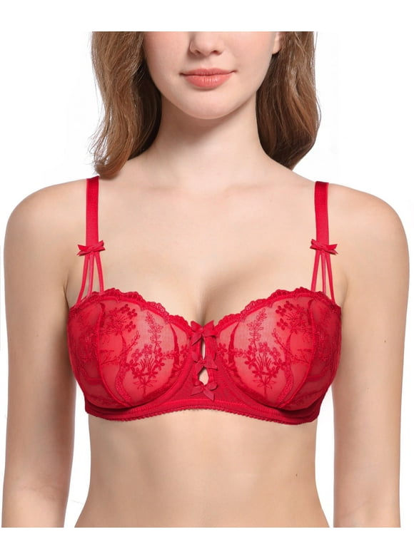 Deyllo Women’s Unlined Lace Bra Embroidered 1/2 Cup Demi Sheer See Through Underwire Bras Non Padded,Red 34B