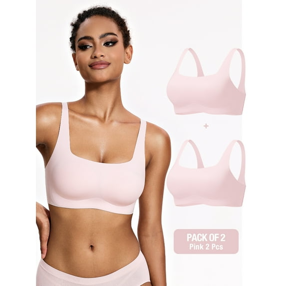 Deyllo Women's Wireless Bras Plus Size Full Coverage Padded Smooth Seamless T-shirt Sleep Everyday Bra Cami Crop Top 2 pieces Pack, Light Pink S