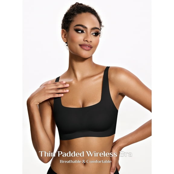 Deyllo Women's Wireless Bras Plus Size Full Coverage Padded Smooth Seamless T-shirt Sleep Everyday Bra Cami Crop Top, Black S