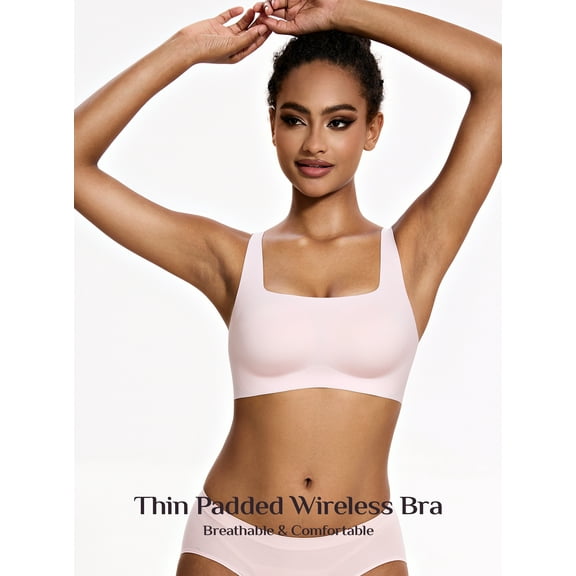 Deyllo Women's Wireless Bras Plus Size Full Coverage Padded Smooth Seamless T-shirt Sleep Everyday Bra Cami Crop Top, Light Pink S