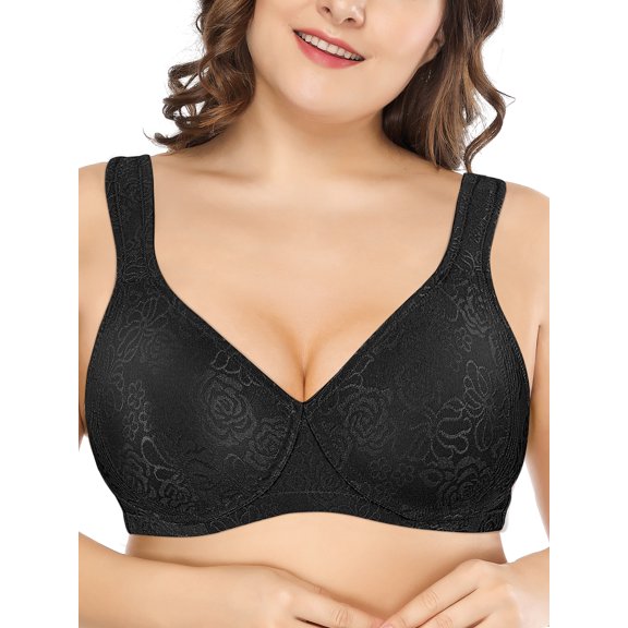 Deyllo Women's Wireless Bras Plus Size No Wire Non Padded Full Coverage Minimizer Bra, Black 46C