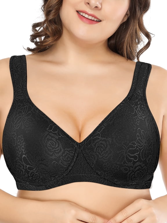 Women's Wireless Bras Plus Size No Wire Non Padded Full Coverage Minimizer Bra, Black 46C