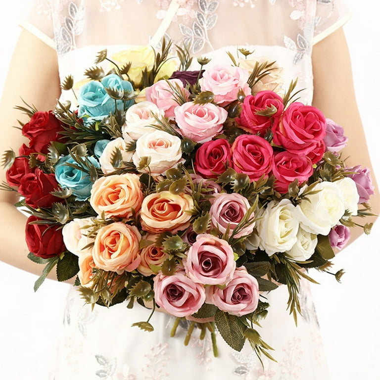 Deyuer 1 Bouquet Artificial Rose Realistic Eye catching No Withering Easy to Care 6 Flowers Decorative Fake Rose Flower Bouquet for Home