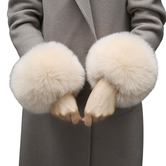 Deyuer 1 Pair Faux Fur Cuffs Fuzzy Solid Color Thick And Warm Winter Sleeve Accessory for Coats Jackets Celebrity Lady Prom Party Sleeve Add-ons Cuffs