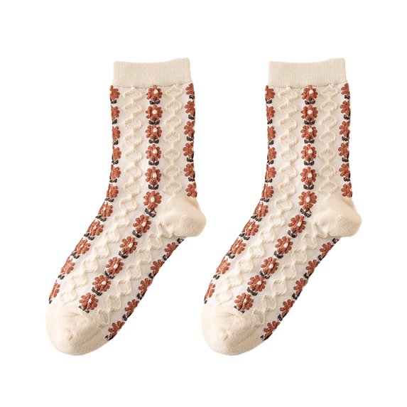 Deyuer 1 Pair Ladies Socks Flower Applique Vintage Forest Style Thick Anti-slip Warm Soft High Elasticity Winter Mid-tube Socks