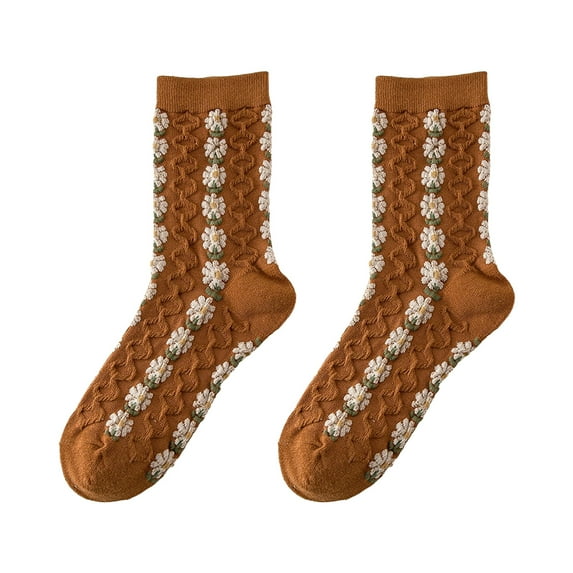Deyuer 1 Pair Ladies Socks Flower Applique Vintage Forest Style Thick Anti-slip Warm Soft High Elasticity Winter Mid-tube Socks