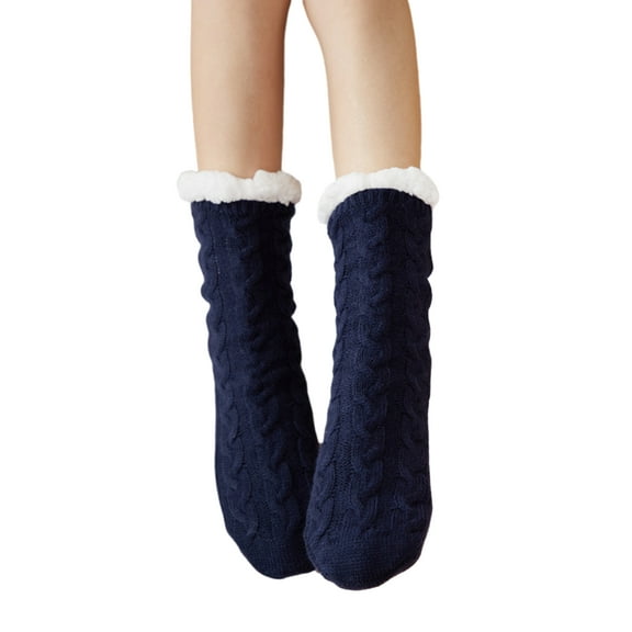 Deyuer 1 Pair Women Winter Socks Thick Soft Plush Color Matching Mid-tube Elastic Anti-slip Thermal Knitted Anti-skid Bottom Floor Socks Lady Homewear Socks