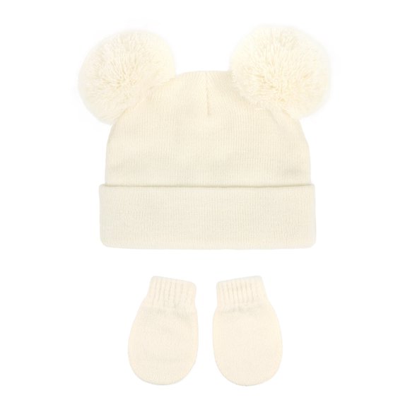 Deyuer 2 Pcs/Set Children Hat And Gloves Set Elastic Knitted Thick Solid Color Cartoon Ear Decor Keeps Baby Warm Cold Weather Cap for Toddlers And Infants