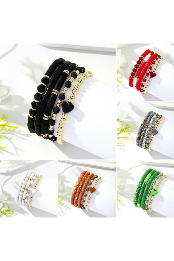 5 Pcs Bohemian Bracelets Polymer Clay Multi-layer Stacking Heart Beads Contrast Color Jewelry for Beach Work Party Vacation,Black