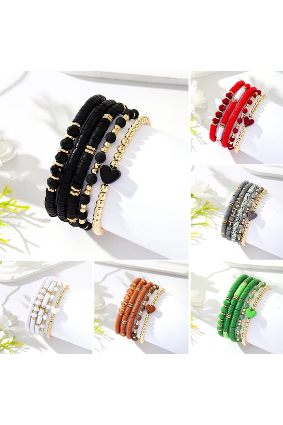 5 Pcs Bohemian Bracelets Polymer Clay Multi-layer Stacking Heart Beads Contrast Color Jewelry for Beach Work Party Vacation,White