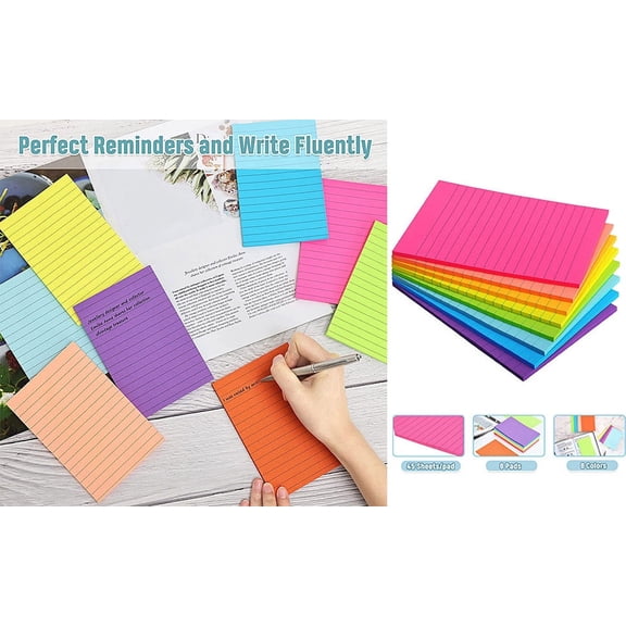 Deyuer 8Pcs 10x15CM Lined Sticky Note 8 Bright Colors 45 Sheets/Pad Self-Stick Super Sticking Power Mini Students Ruled Memo Note Pad