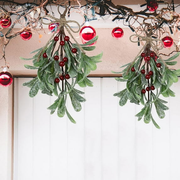 Deyuer Artificial Mistletoe Branch Christmas Hanging Faux Mistletoe Ornament with Bow Glitter Leaves Simulated Mistletoe Branch for Garland Bouquet Door.White 1pc