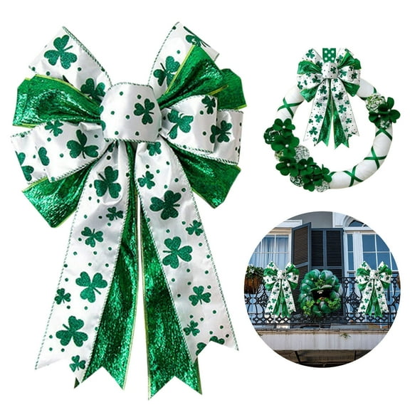 Deyuer Bow,Large White Green Glitter Shamrock Bow Irish Holiday Decor,Ribbon Bow Knot for Wreath Tree Topper Front Door