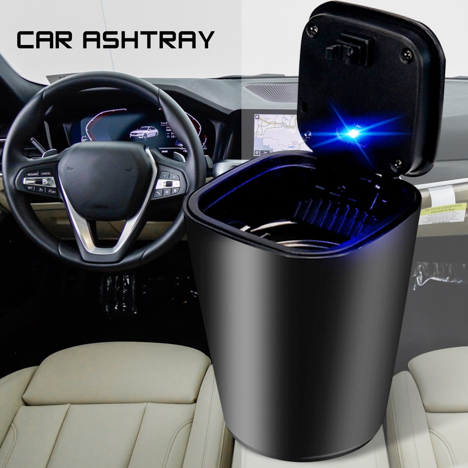 Detachable Stainless Steel Car Ashtray with Lid and LED Light, Powered –  GizModern