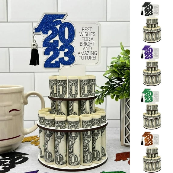 Deyuer Graduation Cake Topper Shiny Sequin Money Theme Best Wishes Season Two Layers 2023 Graduation Party Cake Layered Wallet Party Decor Supplies,Black