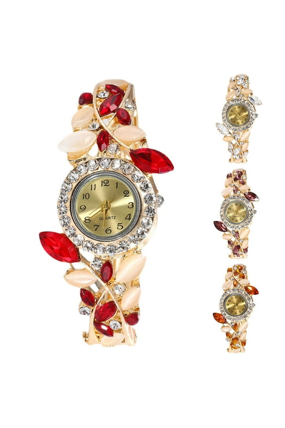 Luxury Women Rhinestone Leaf Round Dial Analog Open Bracelet Quartz Wrist Watch